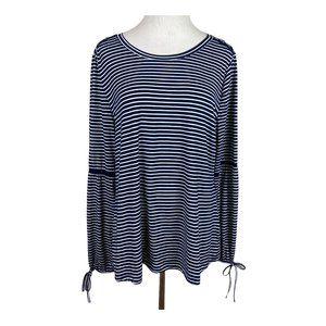 Fred David Top Womens XL Navy Striped Crochet Lace Long Tie Sleeve Scoop‎ Neck